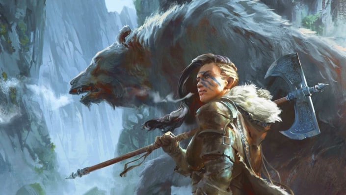 Worldbuilding concept art design of bear and woman with axe