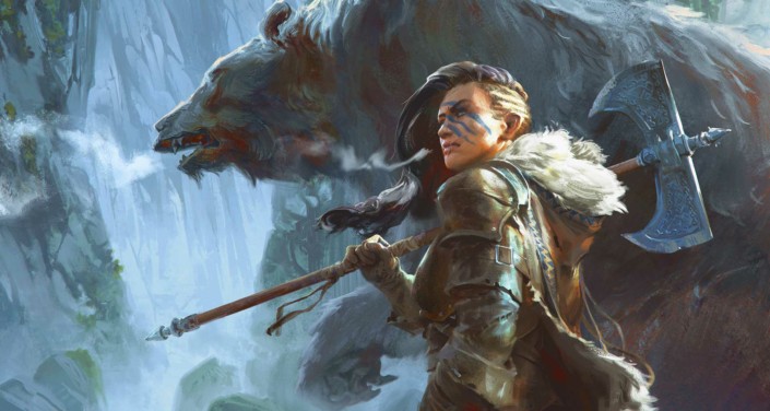 Concept design of woman holding axe in front of a giant bear by concept artist, Lake Hurwitz.