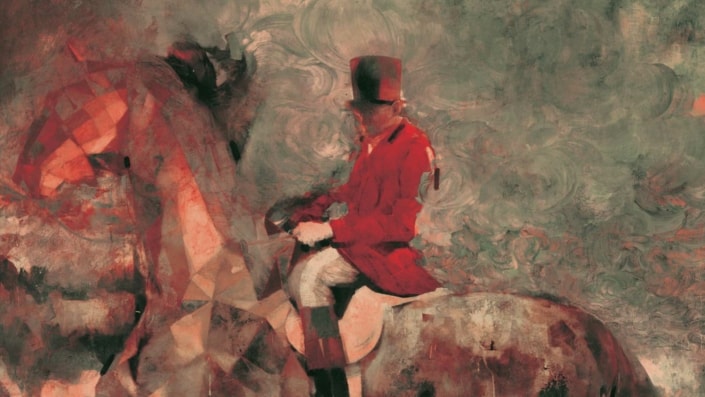 Painting of man on horse in red jacket and top hat by illustrator artist, Sterling Hundley.