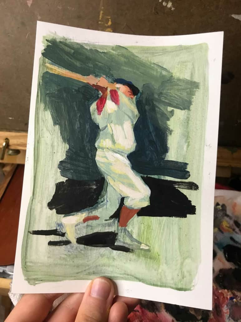 Watercolor painting of baseball player by Audrey Benjaminsen