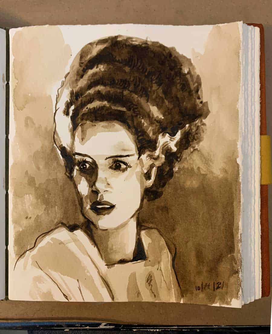 Bride of Frankenstein painted using walnut ink for Illustration Isolation