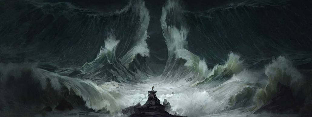 Tidal wave surrounding character fantasy art by Sam Hogg.
