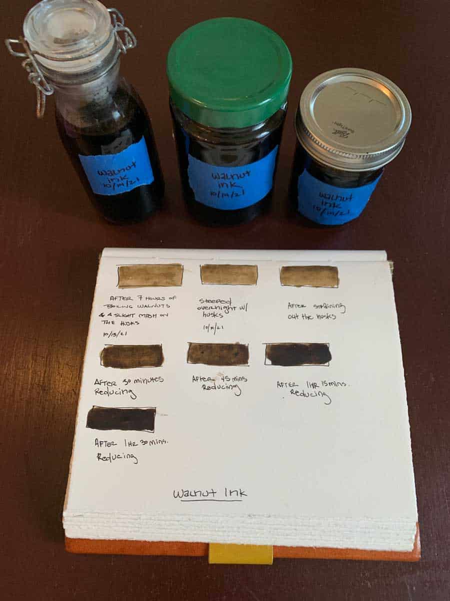 I checked the ink along the way see see how dark the walnut ink was getting, you can see its progress here, as well as the jars I used for storing my ink.