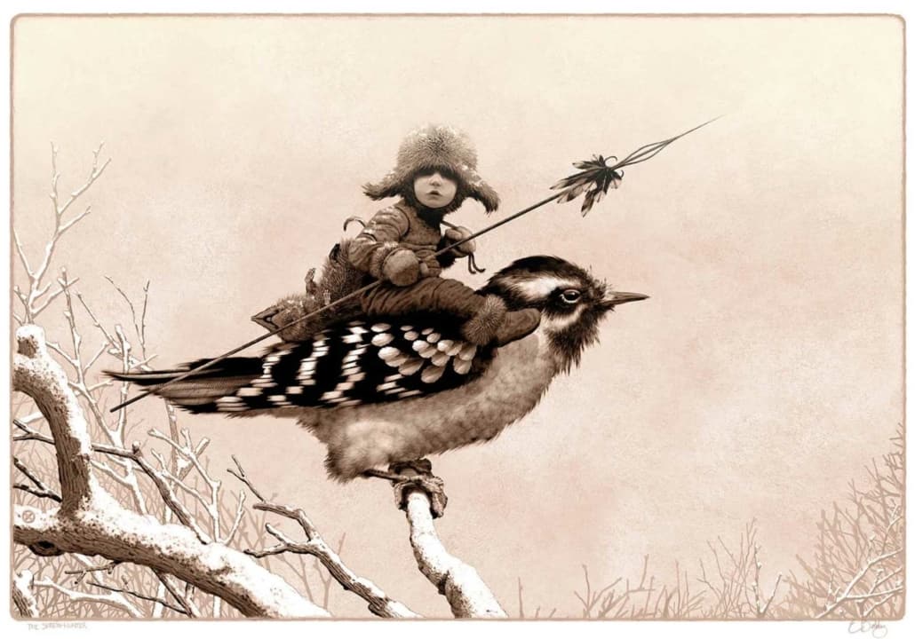 Fantasy illustration of boy riding a bird