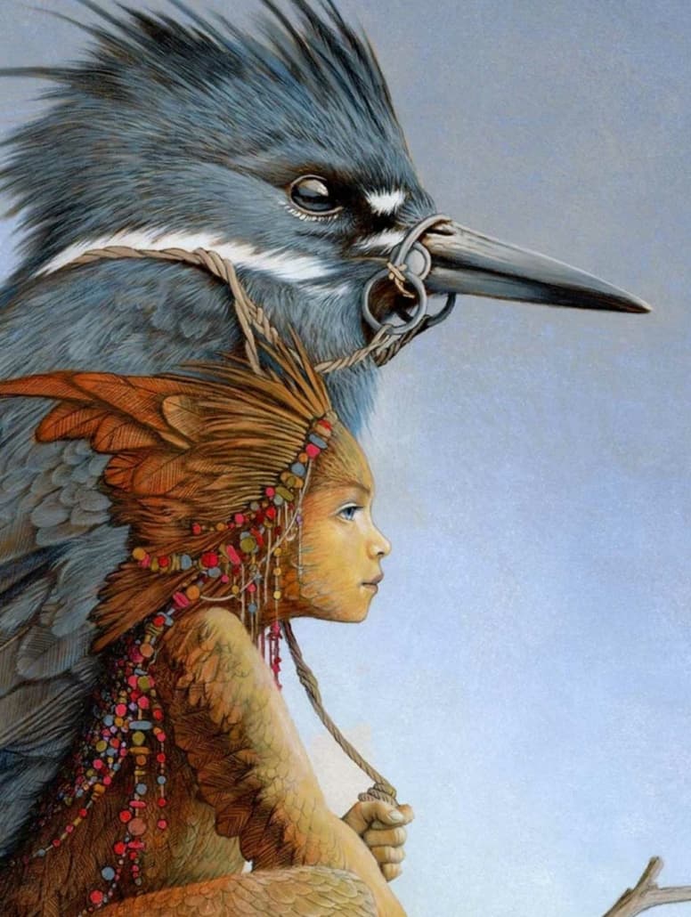 Fantasy painting of bird person by Ed Binkley