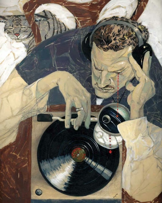 Illustration by American artist, Sterling Hundley of man playing record