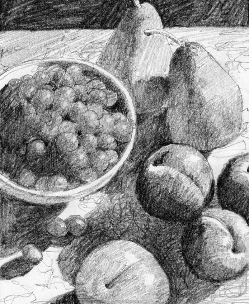 A detailed sketch of pear, nuts, and cranberries, with more progress for the finished art. Brent Watkinson