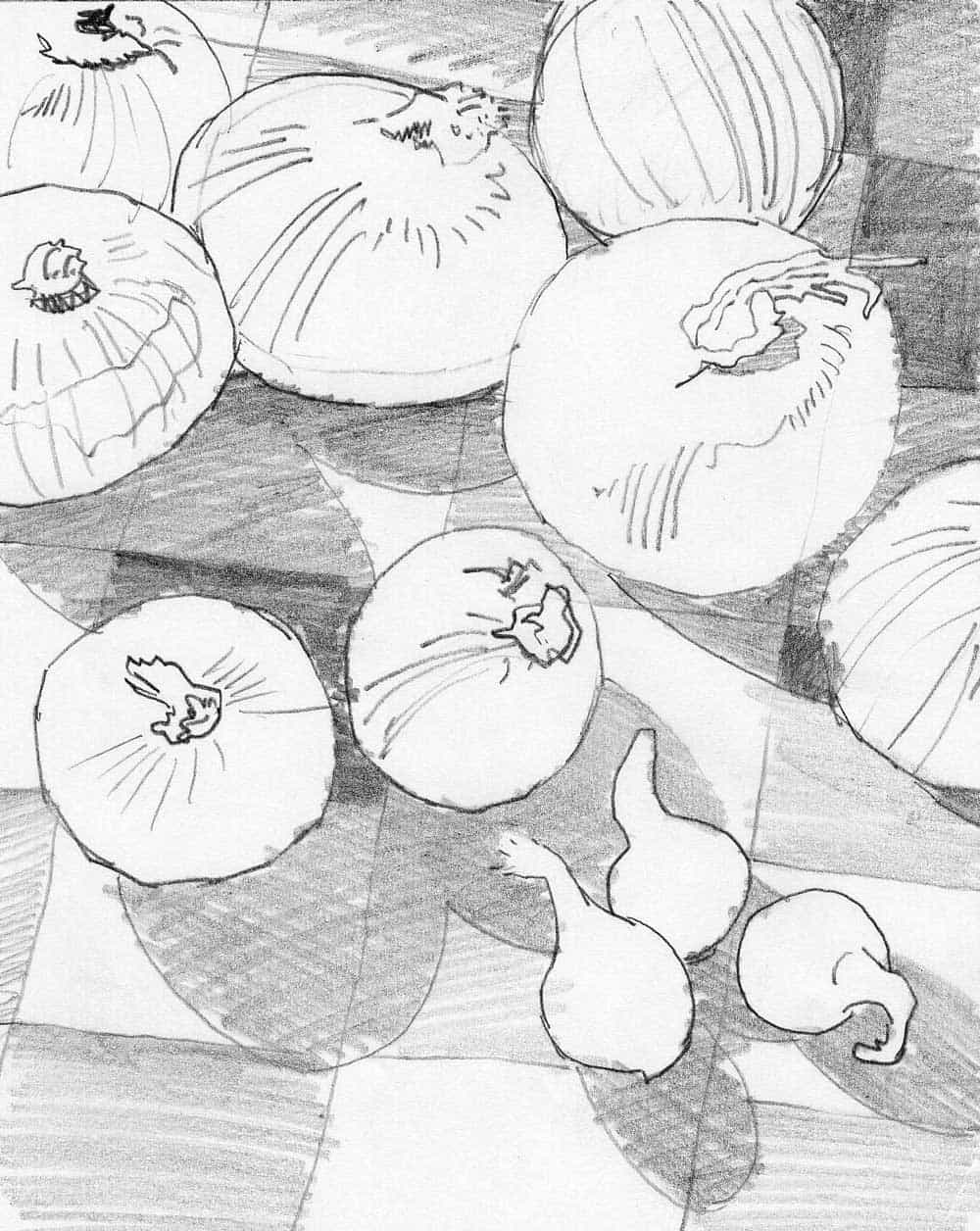 A drawing of onions in the studio. Final cover art for a magazine cover. Brent Watkinson