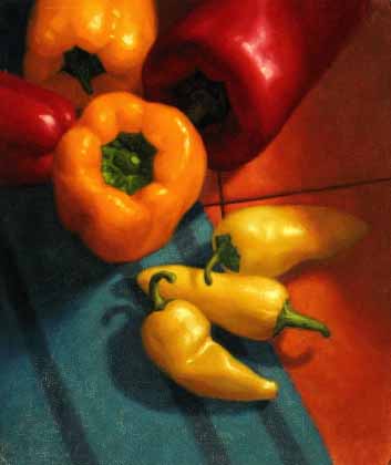 A still life painting of peppers, from a still life drawing. Brent Watkinson