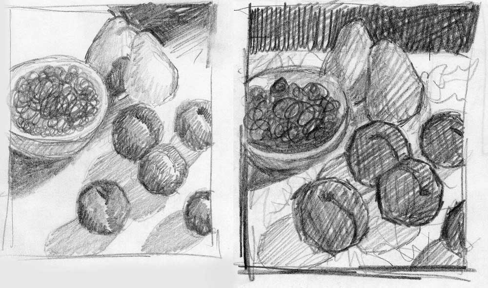 Quick sketches with graphite pencils as a study for a still life painting. Brent Watkinson