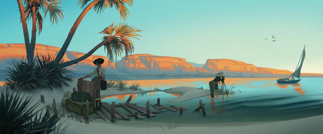 Environment design, landscape painting of a beach by artist Claire Hummel