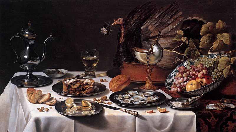 Still life with Turkey Pie, by Pieter Claesz. 1627.
