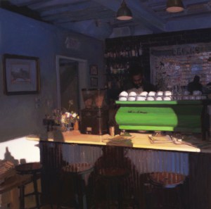 Raymond Bonilla oil painting of coffee shop espresso machine